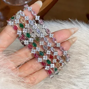 Elegant Copper Zirconia Flower Bracelet for Women Luxury Oval Colorful Gemstone Inlaid Hand Chain Fashion Jewelry Accessory Gift