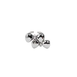 Luxury silver double bow-knot open ring with sparkling rhinestones for party wear