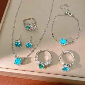 Geometric Square Blue Zirconia Jewelry Set For Women Copper Inlaid Zirconia Necklace Bracelet Earrings Ring Minimalist Luxury Jewelry