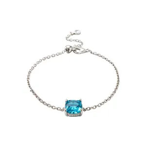 Elegant silver-toned chain bracelet featuring a geometric square blue zircon centerpiece