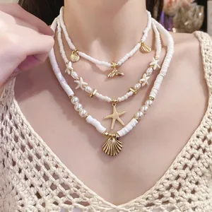 Bohemian Triple Layered Artificial Pearl Polymer Clay Starfish Shell Pendant Necklace For Women Beach Vacation Beaded Choker