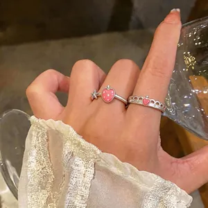 Anello Aperto a Fragola Dolce in Stile Coreano per Donna Rame Smalto Cuore Stella Anello Regolabile Strass Gioielli Regalo