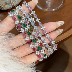 Detailed view of colorful zircon flower bracelets with sparkling oval gemstones