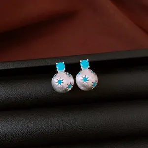 Primo piano di orecchini a perno in argento spazzolato con stelle in zircone blu.