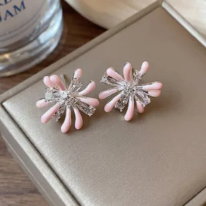 Fireworks Shape Stud Earrings Copper Zirconia 925 Sterling Silver Earring Post Pink Enamel Flower Studs Women Jewelry