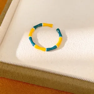 Women Vintage Bamboo Knot Open Ring Copper Colorful Enamel Adjustable Finger Ring Niche Sophisticated Retro Jewelry Accessory