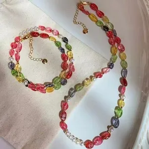 Handmade Dopamine Candy Color Artificial Pearl Artificial Crystal Beaded Necklace And Bracelet Set For Women Fresh Sweet Jewelry