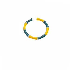 Colorful enamel bamboo joint open ring in yellow and dark teal