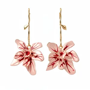 Hand-painted pink enamel flower pendant earrings with gold-plated metal stems