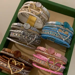 Bohemian Multi-layer Artificial Leather Heart Bracelet Rhinestone Inlaid Magnetic Clasp Fashion Ethnic Jewelry For Women