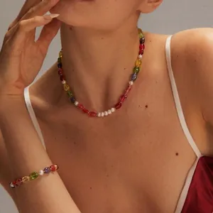 Colorful candy-colored bead and pearl necklace bracelet set for a trendy dopamine look.
