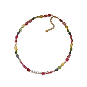 Handmade colorful crystal bead necklace with white pearls and gold extender chain