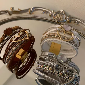 Bohemian multilayer leather heart bracelets with magnetic clasp in three elegant colors