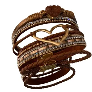 Bohemian multi-layer leather bracelet with golden heart charm and sparkling crystal bands