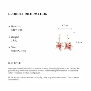 Detail view of stylish floral pendant earrings showing dimensions of 9.8cm by 4.7cm.