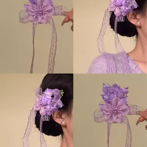 Elegante Fermaglio per Capelli a Fiore Con Lungo Fiocco in Nastro di Pizzo Romantico Strass Perla Artificiale per Donna