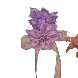 Elegante fermaglio per capelli a fiori viola con nastri di pizzo delicato e cristallo
