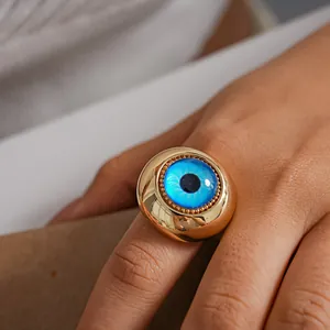 Luxury Chunky Round Evil Eye Open Ring For Women Alloy Gold Plated Blue Resin Eye Adjustable Finger Ring Jewelry Gift