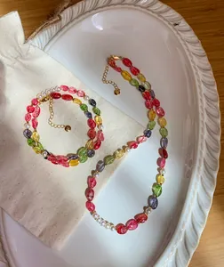 Detailed view of colorful crystal and pearl beaded necklace and bracelet set