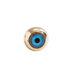 Creative gold open ring with blue resin Evil Eye centerpiece on white background