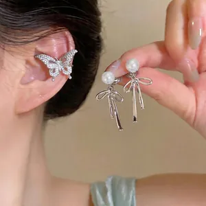 Butterfly Zirconia Ear Cuffs For Women Non Pierced Copper Inlaid Artificial Pearl Bow Ear Clip Fashion Jewelry