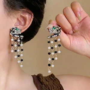 Vintage Court Style Alloy Panther Stud Earrings With 925 Sterling Silver Earring Post Artificial Pearl Tassel Inlaid Rhinestone For Women