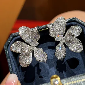 Luxury Copper Flower Zirconia Stud Earrings For Women Silver Earring Post Pave Zirconia Exquisite Elegant Floral Earrings Jewelry