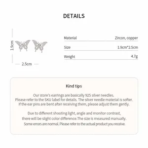 Detailed technical view of zircon butterfly earrings including dimensions and materials.