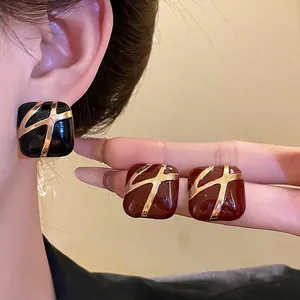 Vintage Geometric Square Enamel Stud Earrings Alloy Gold Drip Oil Earrings with Silver Earring Post for Women Jewelry Accessory