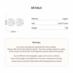 Technical detail view of hollow flower stud earrings with dimensions and material specs.