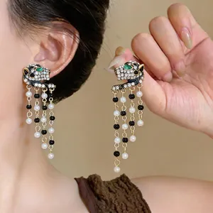 Exquisite leopard head earrings with multi-strand dangling pearl tassels for women