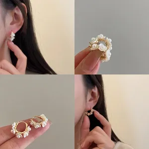 French Style Elegant Artificial Pearl Flower Hoop Earrings Gold Plated Alloy Botanical Floral Jewelry For Women Fashion Commute