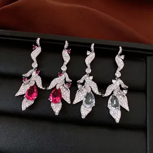 Vintage Copper Zirconia Teardrop Leaf Stud Earrings With Silver Earring Post Elegant Exquisite Fashion Jewelry Women Accessory