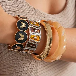 Vintage Legierung Schmetterling Armreif Stapelbar Retro Emaille Geometrisch Stretch Gliederarmband Harz Bernstein Schmuck Für Damen