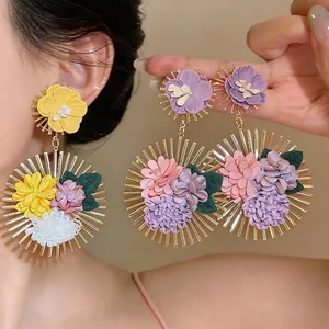 Korean Style Oversized Fabric Flower Stud Earrings With 925 Sterling Silver Earring Post Gold Iron Frame Vacation Jewelry For Women