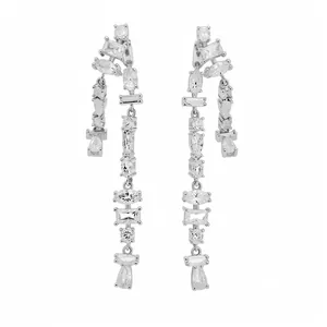Elegant silver needle dangle earrings with sparkling zircon geometric stones for women