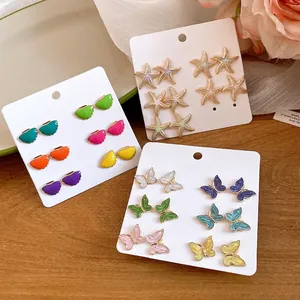 12-pair holiday starfish butterfly drip oil stud earring set in varied pastel colors