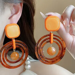 Retro Geometric Resin Stud Earrings With 925 Sterling Silver Earring Post Maillard Style Tortoiseshell Pattern Large Earrings For Women