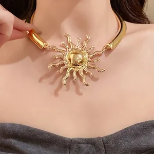 Statement vintage metallic sun pendant choker necklace with a luxurious gold finish