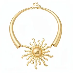 Elegant golden sunburst pendant choker necklace featuring minimalist retro metal design