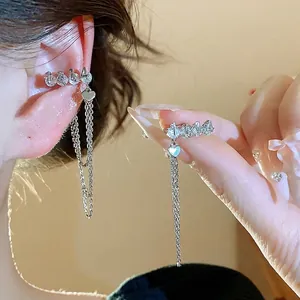 Korean Resin Rhinestone Number Ear Bone Clip For Women Silver Color Long Tassel Heart Pendant Non Pierced Earrings Jewelry