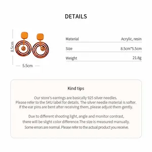 Detailed specifications of retro geometric resin earrings with size and material info.