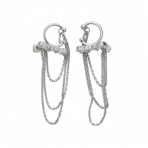 Elegant silver dangling chain ear cuffs with sparkling clear cubic zirconia stones