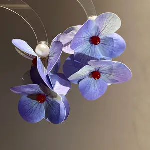Detailed view of elegant purple flower earrings with pearl and red bead accents