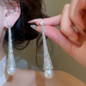 Luxury Alloy Rhinestone Water Drop Artificial Pearl Earrings For Women With 925 Sterling Silver Earring Post Wedding Jewelry