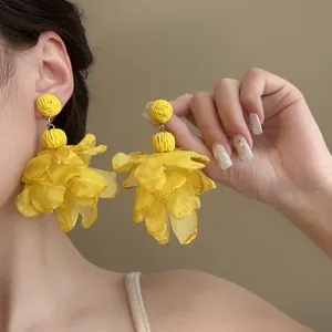 Chiffon Flower Petal Tassel Earrings For Women Bohemian Beach Vacation Oversized Floral Stud Earrings Handmade Fabric Jewelry