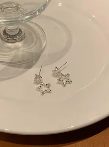 Detailed close-up of dainty silver star earrings with zircons on a white ceramic plate