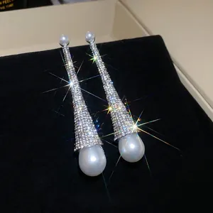 Luxury silver teardrop pearl drop earrings with sparkling crystal rhinestones for women