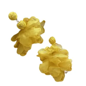 Elegant bohemian style yellow chiffon petal drop earrings, perfect for summer beach vacation