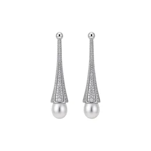 Elegant long silver needle pearl earrings with brilliant cubic zirconia accents set